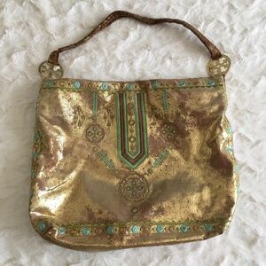 Tory Burch Gold Suede Shoulder Bag with Embroidered Pattern